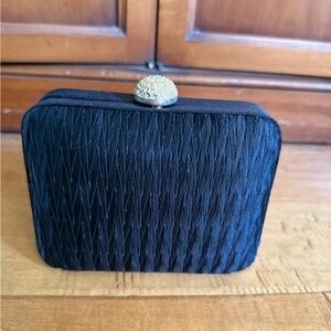 Black Satin Evening Clutch with Gold Crystal Knob